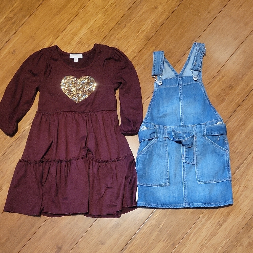 OshKosh B'gosh Burgundy Dress with Gold Heart and Denim Jumper